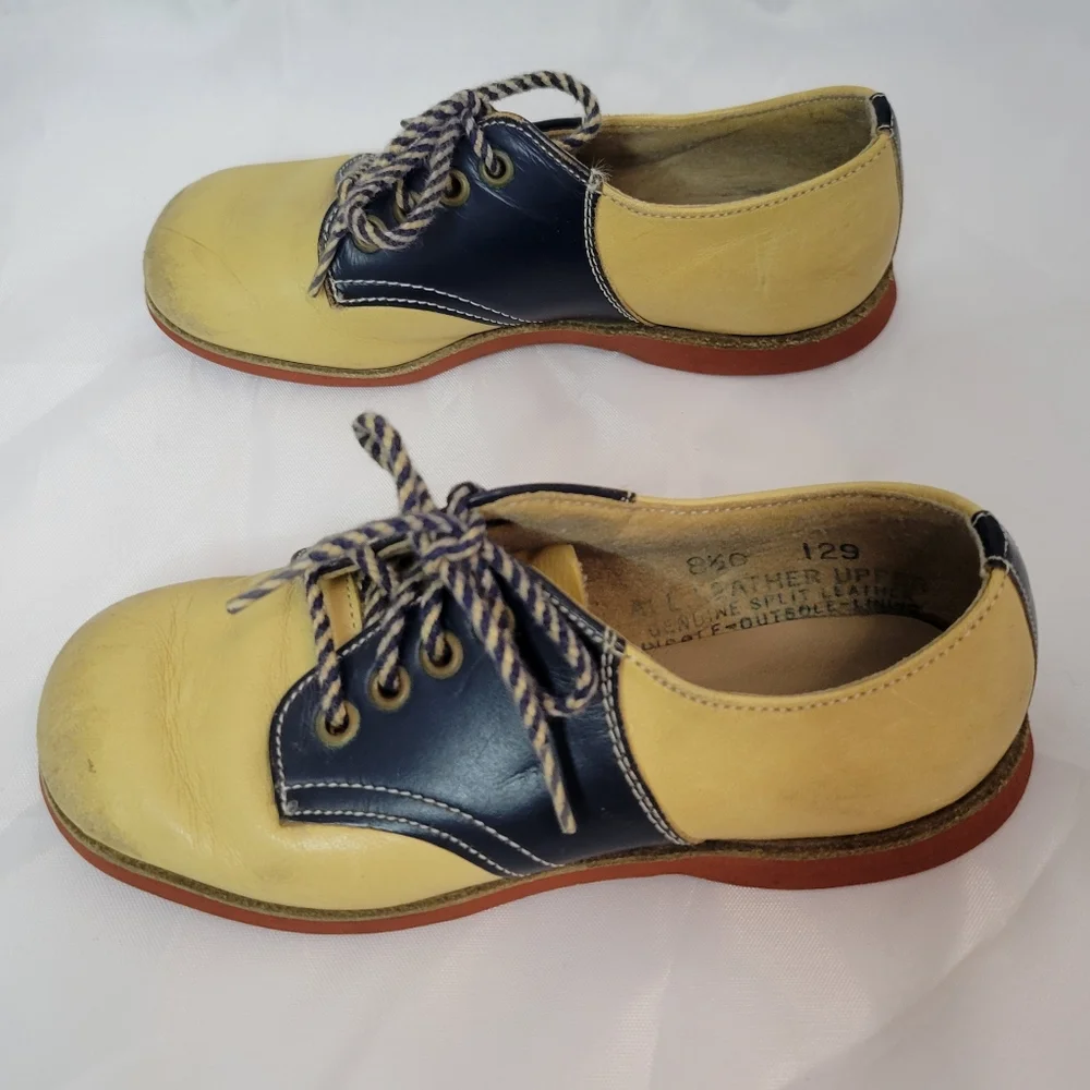 Vintage Self-Sarters Carpenter Leather Navy Blue Tan Saddle Shoes Toddler 8.5C
